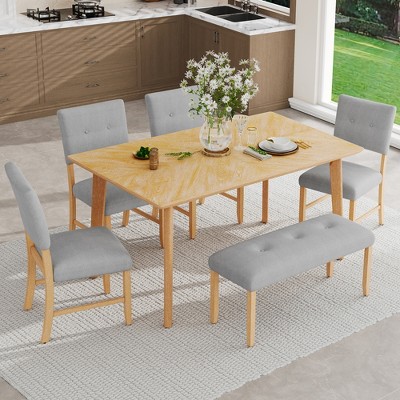 6 Piece Vintage Dining Table Set for 6, Farmhouse Dining Set with 4 Upholstered Dining Chairs & Bench, Natural Wood Wash/Gray - ModernLuxe