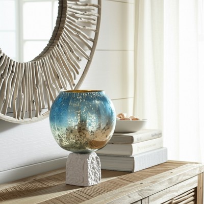 Elegant Coastal Glass & Marble Pillar Candle Holder - Handcrafted Blue Decorative Accent for Home, Office, Bedroom & Living Room - 15" Blue