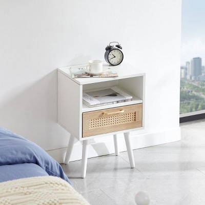 Conner 15.75" Rattan Nightstands with Drawer and Solid Wood Legs, Bedside End Table for Living Room, Bedroom, Indoor Furniture - The Pop Home