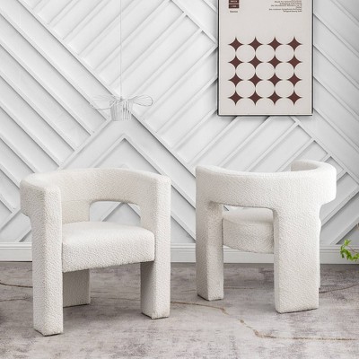 Set of 2 Cream Boucle Barrel Accent Chairs with Wood Frame