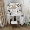 Corner Vanity Desk with Mirror and Lights, White Makeup Vanity Desk with 5 Drawersand Adjustable Brightness, Corner Vanity Table with Stool - 3 of 4