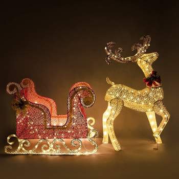 Joiedomi 3D Christmas Reindeer and Outdoor Sleigh Yard Light 2 Pcs Christmas Outdoor Decorations