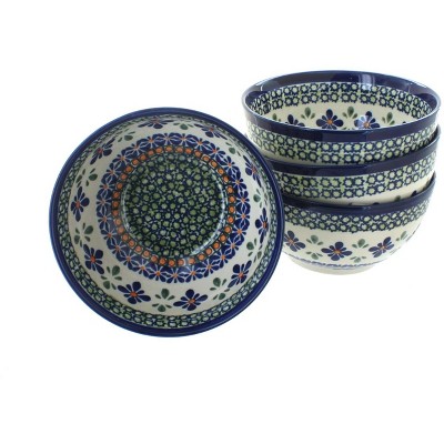 Blue Rose Polish Pottery Mosaic Flower Dessert Bowl Set