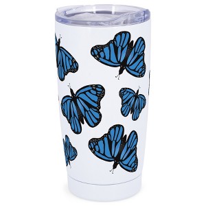 Elanze Designs 20 oz Stainless Steel On the Go Insulated Travel Tumbler With Push Top Lid, Vibrant Blue Monarch Butterfly Pattern White - 1 of 4