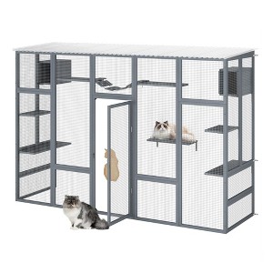 COZIWOW Outdoor Cat Enclosure, Catio Pet Safe House, 104" Extra Large Indoor Window Box with 7 Platforms, Resting Houses, and Walk-In Door, Grey - 1 of 4