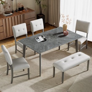 6 Piece Dining Room Table Set with Upholstered Chairs and Bench,Rustic Farmhouse Rectangular Table-The Pop Home - 1 of 4