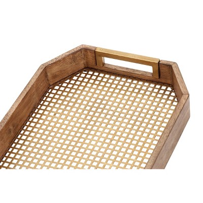Light Brown Wood and Metal Mesh Decorative Trays, Set of 2