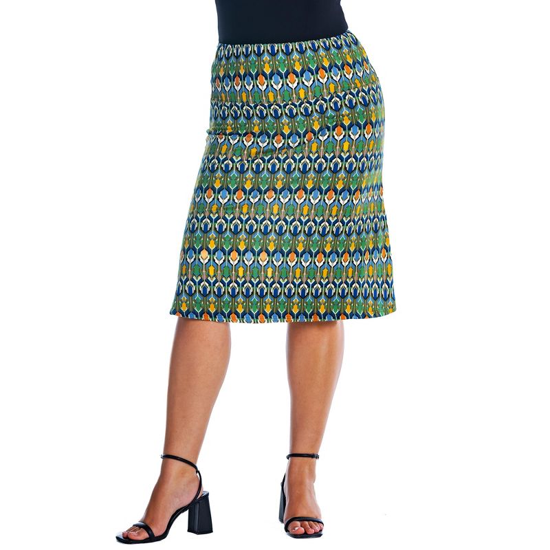 Womens Plus Size Green Geometric Elastic Waist Knee Length Skirt, 1 of 5