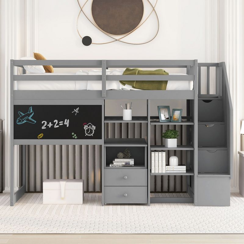 Twin Size Wood Loft Bed with Pullable Desk, Storage Shelves,Staircase and Blackboard-ModernLuxe, 2 of 11