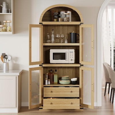 Arched Pantry Cabinet with Doors 71.4in Tall Wood Bookcase with 2 Drawers Farmhouse Kitchen Cupboard Modern Display Storage Cabinet