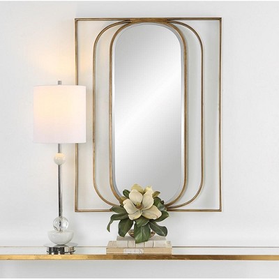 Gold Oval Beveled Mirror with Angular Metal Frame