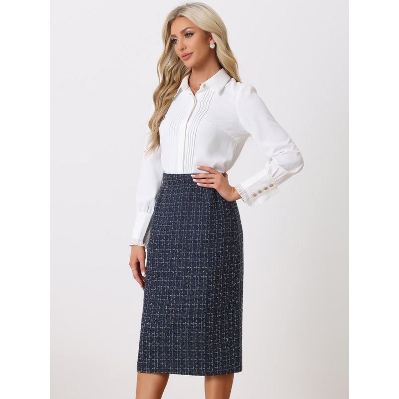 Allegra K Women's Plaid Tweed High Waist Work Office Bodycon Pencil Skirt, 2 of 6