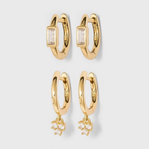 SUGARFIX by BaubleBar 14K Gold Plated Delicate Crystal Huggie Hoop Earring  Set - Gold