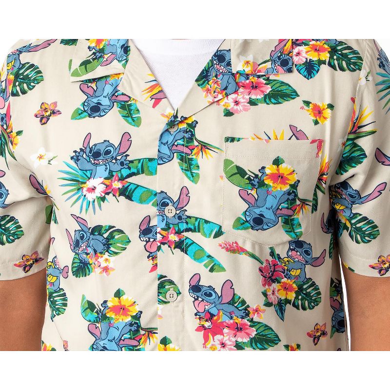Disney Lilo And Stitch Men's Stitch Tropical Hawaiian Button Up Shirt Adult, 2 of 5