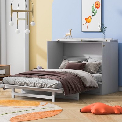 NicBex Full Size Murphy Bed Wooden Frame Murphy Bed Cabinet Morden Hideaway Wall Bed with Top Shelf for Living Room