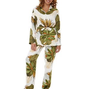 ADR Women's Front Tie Pajamas Lounge Set, Long Sleeve Top and Pants, Silky Pjs Floral Flowers - 1 of 4