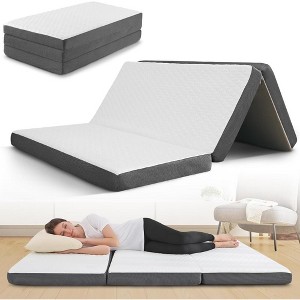 Contour Comfort Queen 4 Inch Thick Portable Tri Folding Mattress with Memory Foam Layer with Washable Cover Non Slip Bottom Perfect Guest Bed White