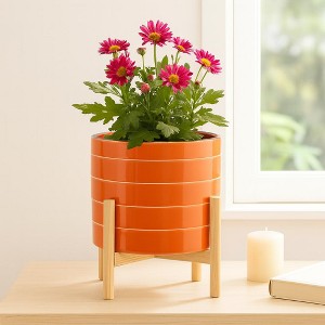 Glossy Ceramic Outdoor Planter on Stand for Indoor Home Decor - Modern  Contemporary Flower Pot for Living Room or Patio - Orange