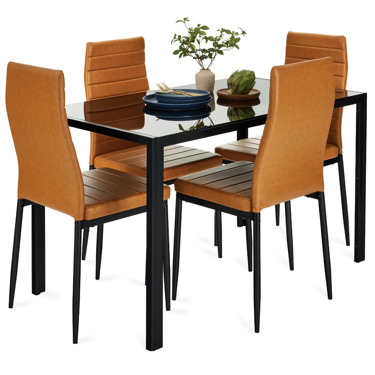 Best Choice Products Kitchen Dining Table Set – 3-Piece, 5-Piece, or 7-Piece w/ Glass Tabletop & Faux/PU Leather Chairs - thumbnail 8