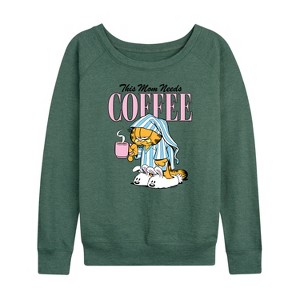 Women's - Garfield - Mom Needs Coffee Lightweight French Terry Wide Neck Long Sleeve Shirt - 1 of 4