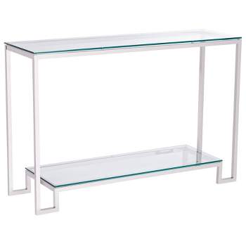 55 Downing Street Modern Chrome Stainless Steel Rectangular Console Table 47 1/2" x 13 3/4" Silver Tempered Glass Tabletop for Living Room Entryway