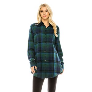 Haute Edition | Women's Long Sleeve Tunic Length Plaid Button Down Shirt - 1 of 3