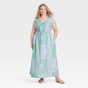 Women's Tie-Front Maxi A-Line Dress - Universal Thread™ Blue Paisley - 1 of 3