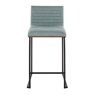 Green Upholstered Walnut Wood and Metal Counter Stools, Set of 2