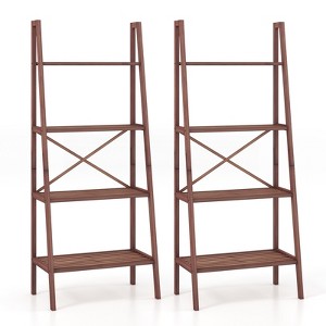 Tangkula 4-Tier Bamboo Ladder Bookshelf Rustic Bookcase Floor Standing Shelving Unit Book Shelf Storage Organizer - 1 of 4