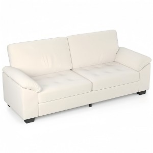 GustoWave 90'' 3 Seater Couch with Solid Wood Legs, Oversized Velvet Upholstered Button Tufted Sofa with Soft Wide Armrests - Beige - 1 of 4