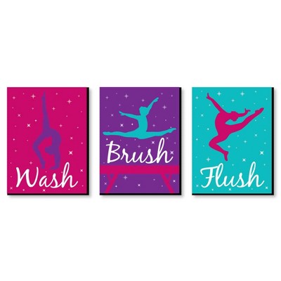 Big Dot of Happiness Tumble, Flip and Twirl - Gymnastics - Kids Bathroom Rules Wall Art - 7.5 x 10 inches - Set of 3 Signs - Wash, Brush, Flush