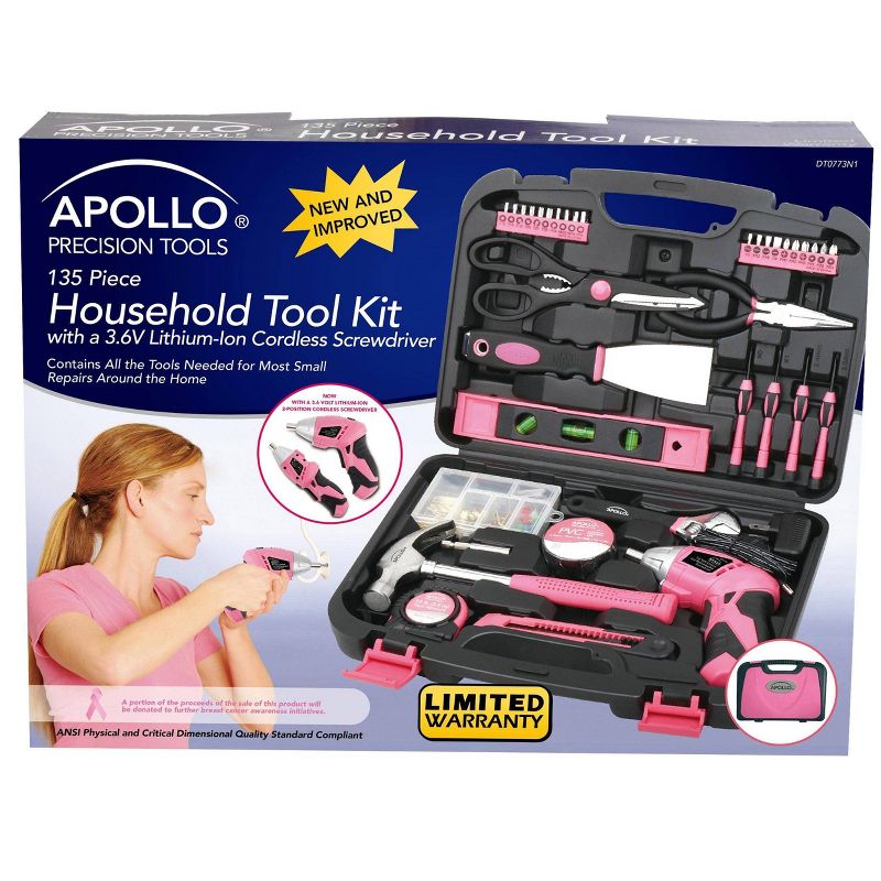 Apollo Tools 135pc Household Tool Kit DT0773N1 Pink, 4 of 11