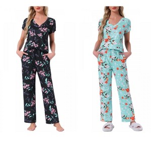 INSPIRE CHIC Women's 2 Pcs Short-Sleeve V-neck Tee & Drawstring Pants Pajama Sets with Pockets - 1 of 4