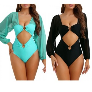 INSPIRE CHIC Women's Cut Out Ring Plunge Neck Shirred Long Sleeves Mesh Tummy Control Monokini Swimsuit 2 Sets - 1 of 4