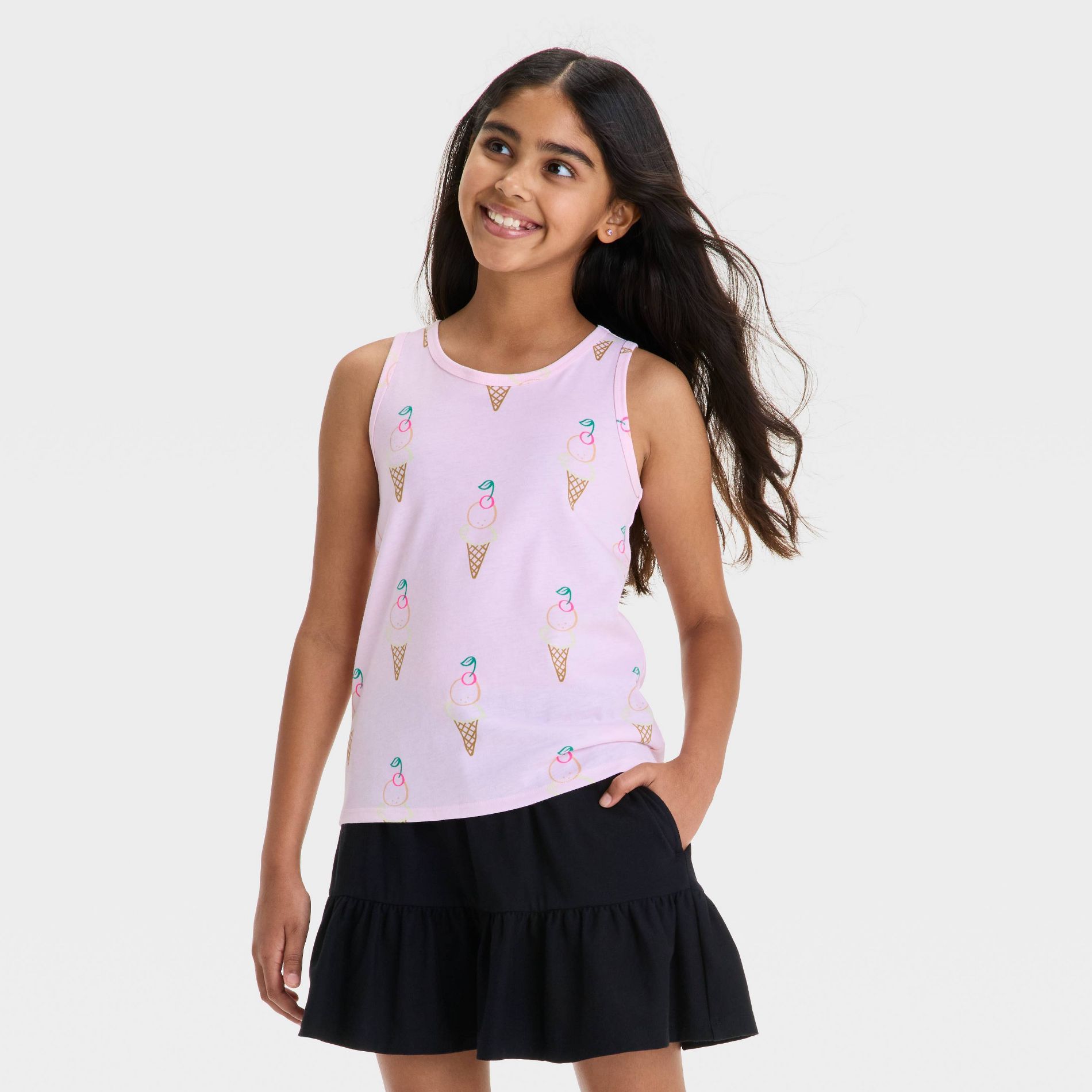 Girls' Ice Cream Tank Top - Cat & Jack™ Light Pink M: Cotton Blend, Recycled Polyester, Sleeveless, Crew Neck, Below Waist