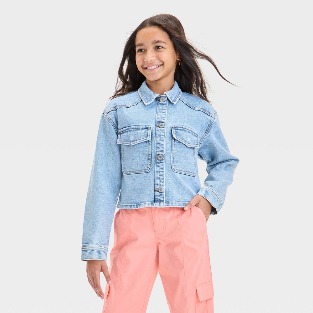 Girls' Denim Jacket - art class™ Light Wash XXL: Cropped Front Button Down, Patch Pockets