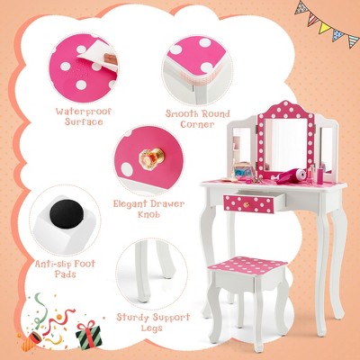 Pink Polka Dot Kids Vanity Set with Tri-Folding Mirror and Stool