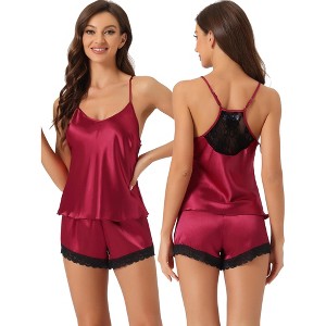 cheibear Women's Satin Sliky Sleeveless Lace Trim Camisole Tops with Shorts Pajamas Sets - 1 of 4
