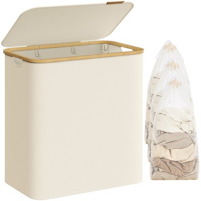 SONGMICS Laundry Hamper with Lid 3-Section Large Laundry Basket Removable Mesh Liner Bamboo Handles Collapsible