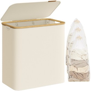 SONGMICS Laundry Hamper with Lid 3-Section Large Laundry Basket Removable Mesh Liner Bamboo Handles Collapsible - 1 of 4