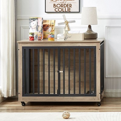 Dog Crate Furniture, Dog House Indoor with Feeding Bowl and Wheels, Wood Dog Crate Dog Kennels Decorative Dog Crate for Small Medium Dogs 43.7"W