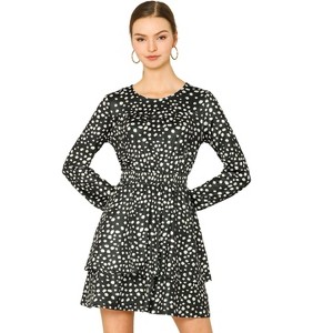 Allegra K Women's Leopard Print Crew Neck Smock Waist Long Sleeve Ruffle Mini Dress - 1 of 4