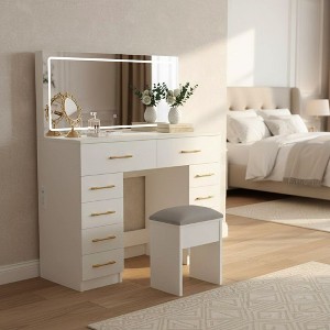 Homy Casa Vanity Desk with LED Mirror, Storage Drawers, and Stool for Bedroom or Dressing Room, White & Gold - 1 of 4