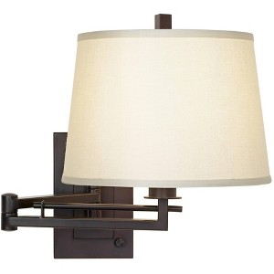 Franklin Iron Works Easley Rustic Farmhouse Swing Arm Wall Lamp Matte Bronze Plug-in Light Fixture Fabric Drum Shade for Bedroom Bedside Living Room - 1 of 4