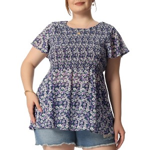 Agnes Orinda Women's Plus Size Chiffon Smock Waist Ditsy Floral Peplum Casual Blouses - 1 of 4