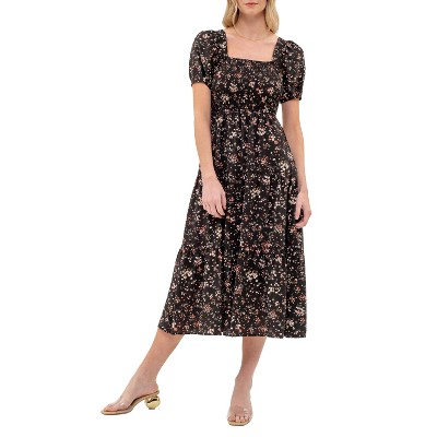 August Sky Women's Smocked Floral Puff Sleeves Midi Dress