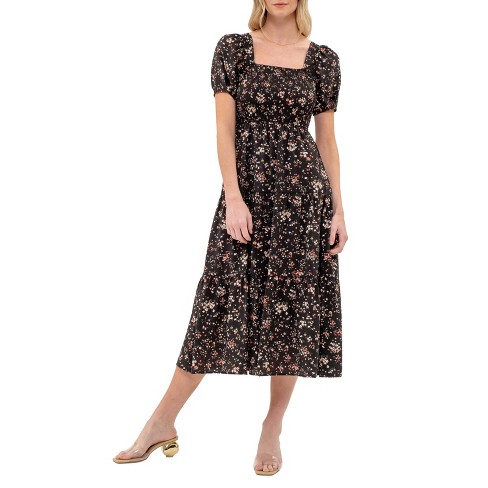 August Sky Women's Smocked Floral Print Puff Sleeves Midi Dress - image 1 of 4