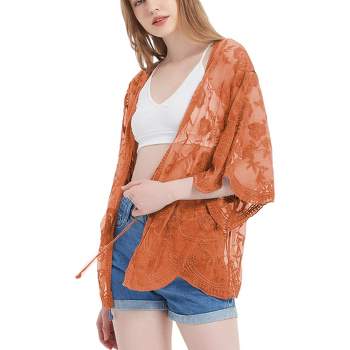 Anna-Kaci Women's Short Embroidered Lace Duster Crop Cardigan with Half Sleeves