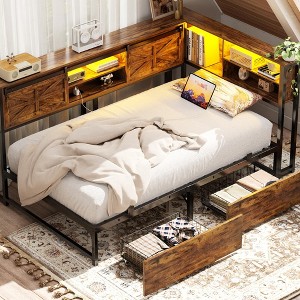 Aheaplus Rebersible Daybed with Bookcase and Drawer, Corner Bed Frame with Sliding Door, Brown - 1 of 4