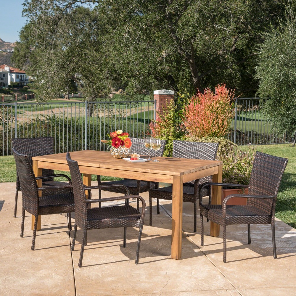 Photos - Garden Furniture Lambert 7pc Acacia & Wicker Dining Set - Teak/Brown - Christopher Knight H